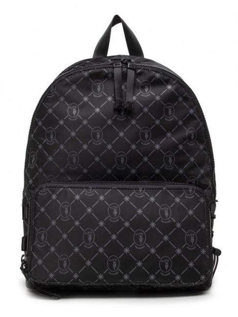 TRUSSARDI SMART MONOGRAM PRINT Plecak nylonowy, uchwyt na laptopa 15,6" monogram czarno-ciemnoszary - Plecaki na laptopa do pracy