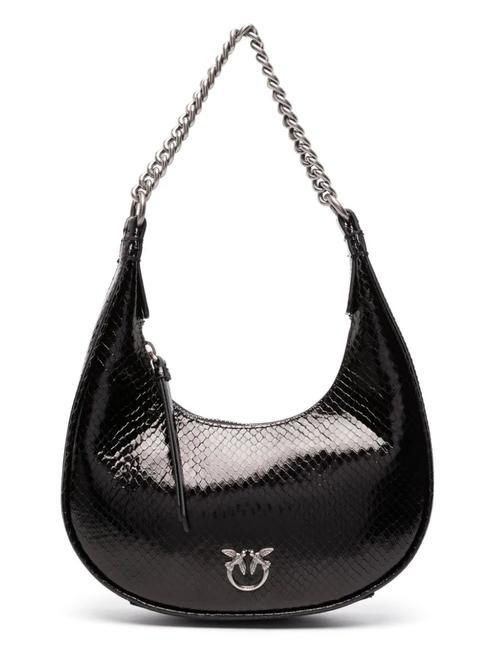 PINKO BRIOCHE Miniaturowa torba typu hobo z laminowanej skóry czarno-stare srebro - Torby damskie