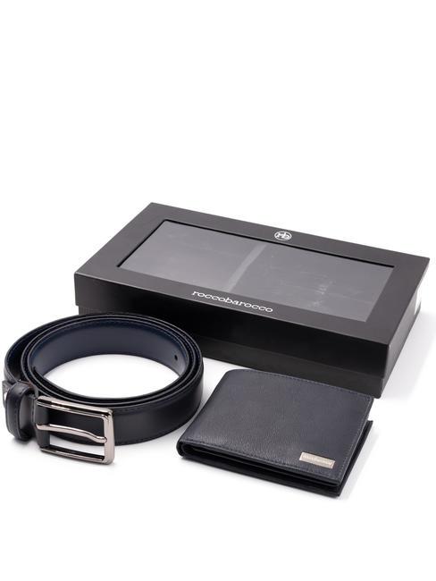 ROCCOBAROCCO GIFT BOX Pasek skórzany + portfel marynarka wojenna - Portfele męskie