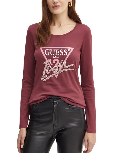 GUESS LS RN ICON  Koszulka bawełniana róża bordowa - Koszulki i topy damskie