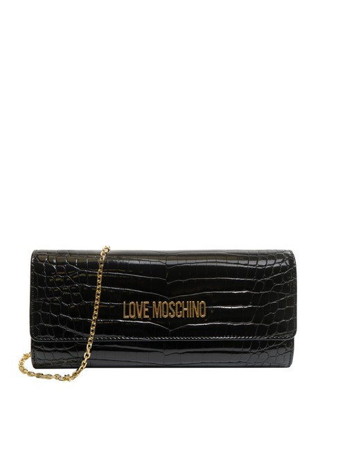 LOVE MOSCHINO SHINY CROCO Smukła kopertówka z metalowym paskiem na ramię Czarny - Torby damskie