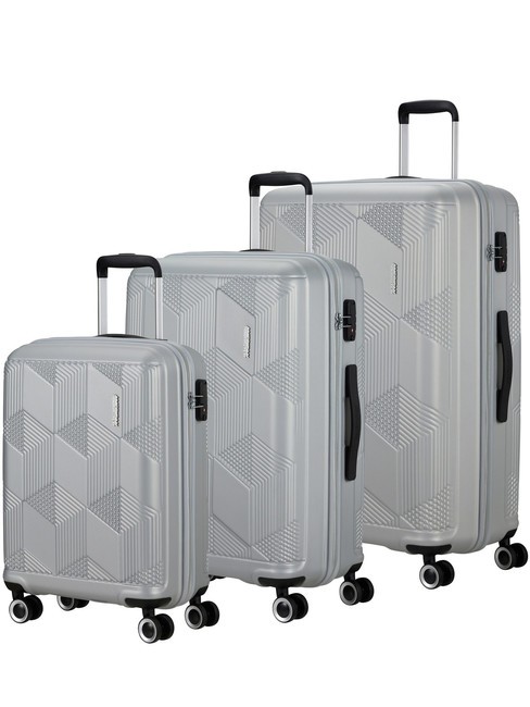 AMERICAN TOURISTER SUNCHASER Zestaw wózków kabinowych + średni + duży SREBRNY - Zestaw wózków