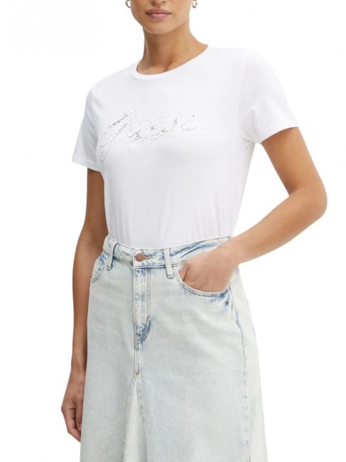 GUESS SS SCRIPT LACE LOGO EASY  Koszulka bawełniana czysto biały - Koszulki i topy damskie