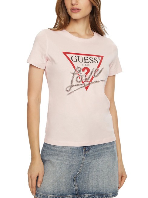 GUESS SS CN TRIANGLE LOVE Koszulka bawełniana dyskretny róż - Koszulki i topy damskie