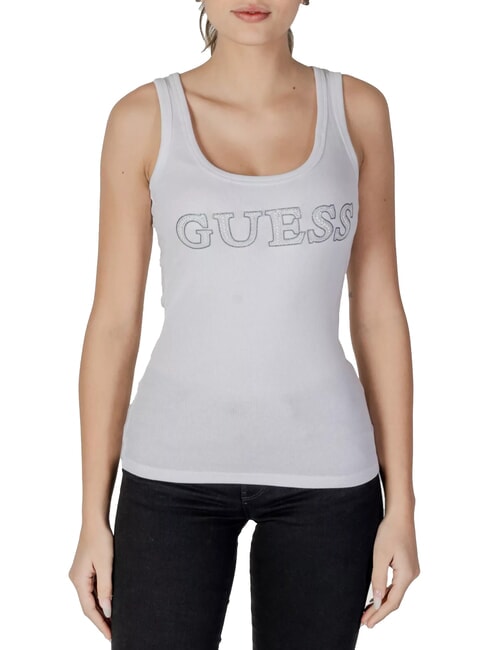 GUESS SL EMBELLISHED LOGO Top z logo wysadzanym kryształkami czysto biały - Koszulki i topy damskie