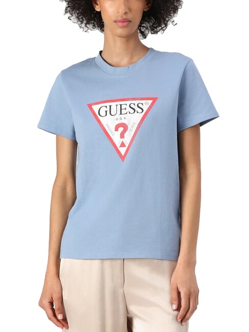 GUESS CLASSIC FIT LOGO Koszulka z logo trójkąta niebieska wstążka - Koszulki i topy damskie
