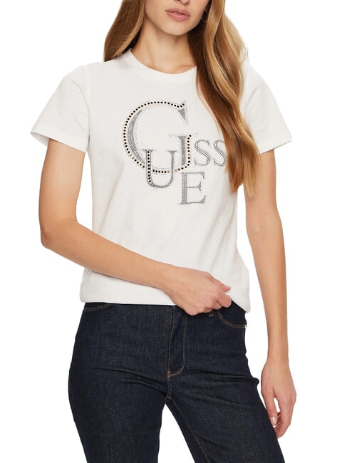 GUESS STUDDED Bawełniana koszulka z logo ze strasami czysto biały - Koszulki i topy damskie