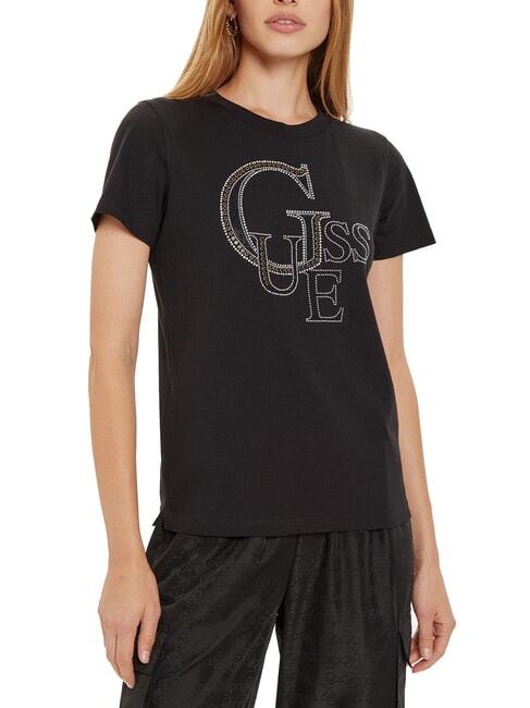 GUESS STUDDED Bawełniana koszulka z logo ze strasami odrzutowiec - Koszulki i topy damskie