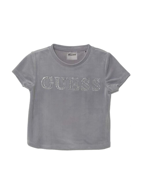 GUESS MINI ME Koszulka Crop z logo z kryształkami dym liliowy - Koszulka dziecięca