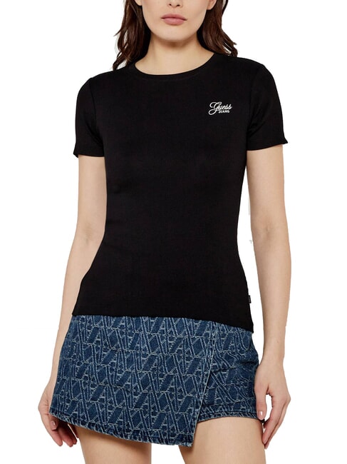 GUESS JEANS SS CN EMBRO SLIM Koszulka z elastycznej bawełny odrzutowiec - Koszulki i topy damskie
