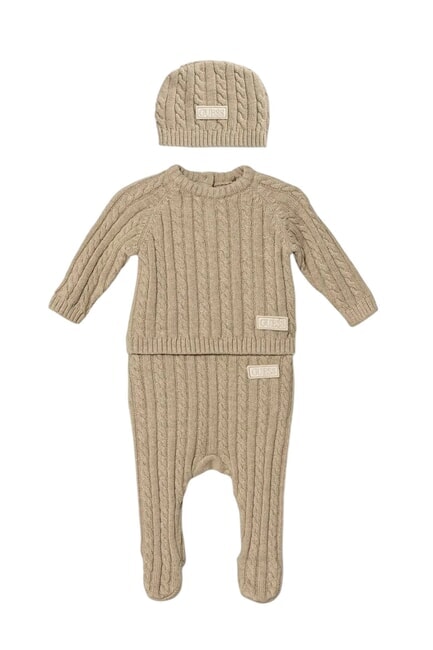 GUESS KIDS Komplet bluza, spodnie i czapka kamień z pasadeny - Pajacyki i ubranka dla niemowląt