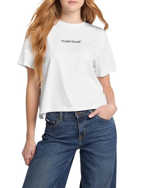 GUESS JEANS SS CN BOXY EMBRO Koszulka bawełniana czysto biały - Koszulki i topy damskie