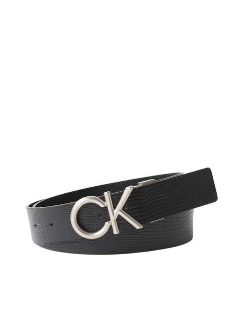 CALVIN KLEIN CK HALLMARK LOGO Pasek skórzany z nadrukiem jaszczurki czarny / cynowy - Paski