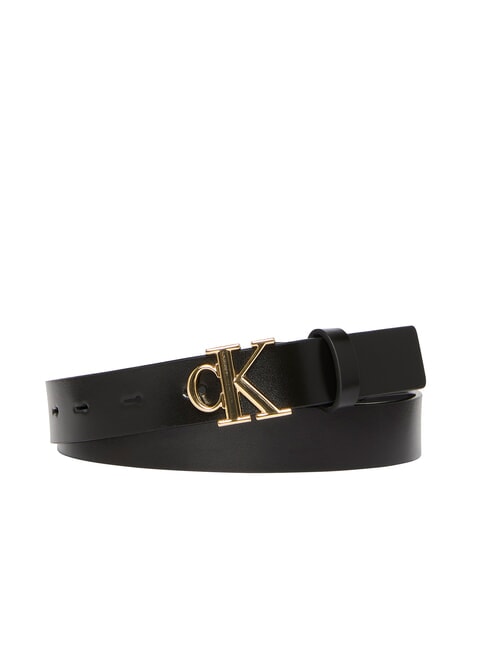 CALVIN KLEIN MONOGRAM BUCKLE Pasek skórzany z metalowym logo na czarno - Paski