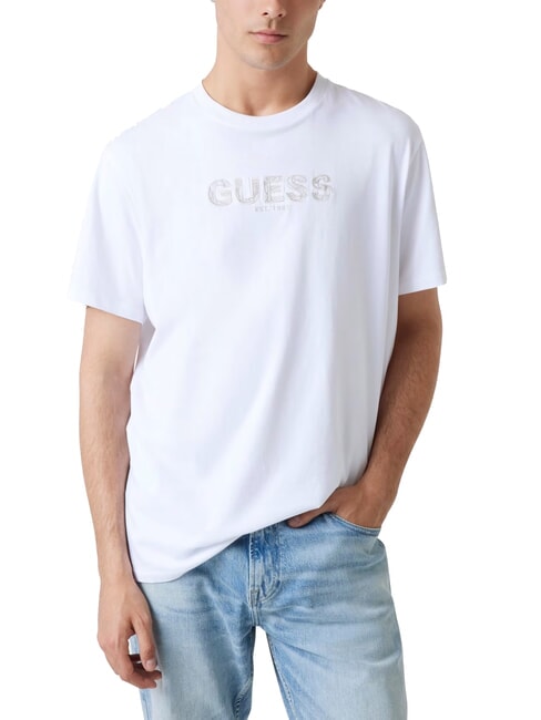 GUESS BSC EMBROIDERY LOGO Koszulka bawełniana z haftowanym logo czysto biały - Koszulki męskie