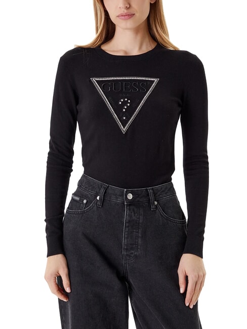 GUESS KIARA TRIANGLE LOGO Sweter z okrągłym dekoltem i kryształkami odrzutowiec - Koszulki damskie