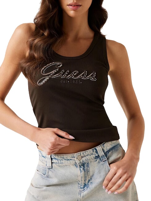 GUESS RAISSA LOGO Top z logo wysadzanym kryształkami brązowy espresso - Koszulki i topy damskie