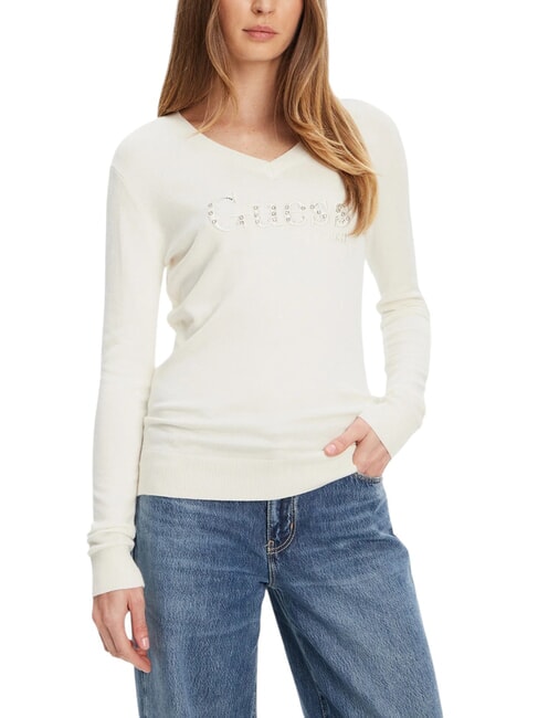 GUESS KENZIE LOGO Sweter z dekoltem w serek kremowy białawy - Koszulki damskie
