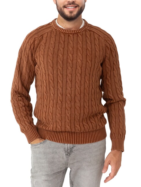 SUN68 VINTAGE Sweter z okrągłym dekoltem i dzianiny kablowej kakao - Koszulki męskie