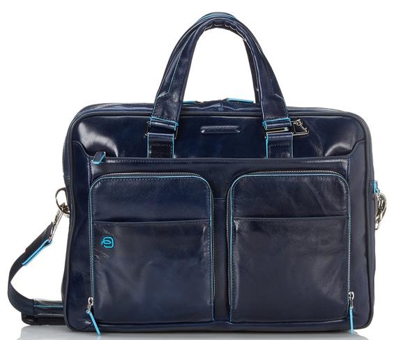 PIQUADRO BLUE SQUARE Skórzana teczka na laptopa 14" niebieski - Teczki robocze