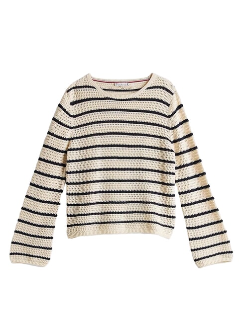 POINTELLE CROCHET Lekki sweter w paski biały porcelanowy niebieski pasek - Koszulki damskie